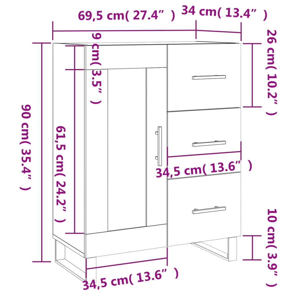 vidaXL kumode, balta, 69,5x34x90 cm, inženierijas koks