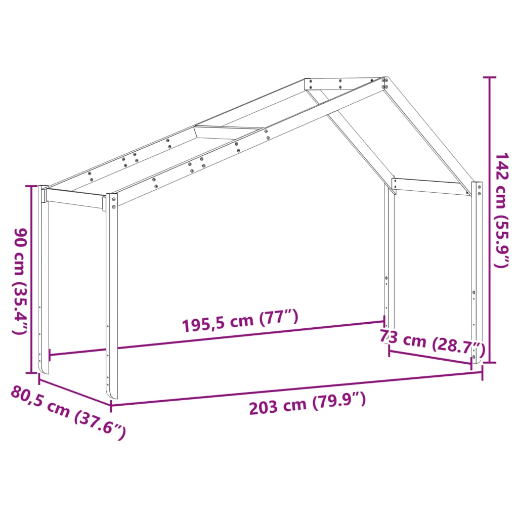 vidaXL bērnu gultas jumts, 203x80,5x142 cm, priedes masīvkoks