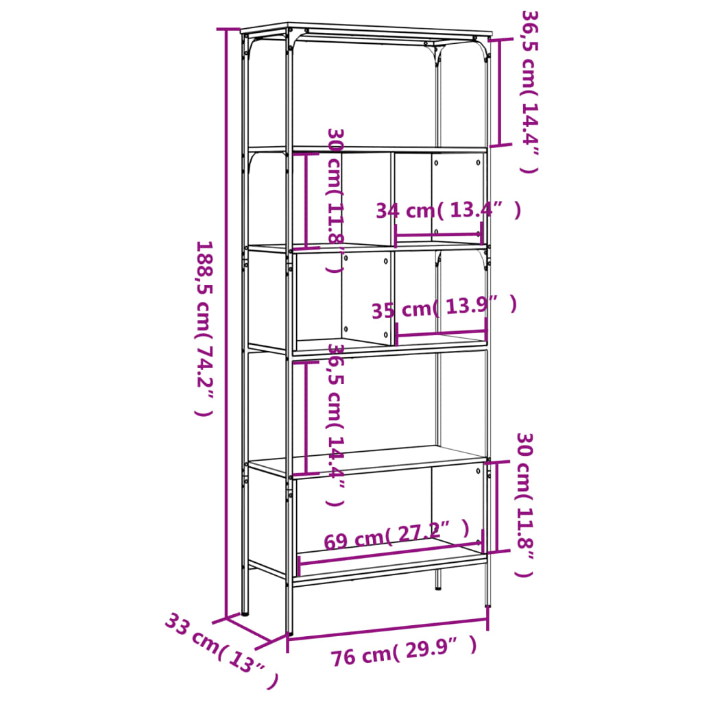 vidaXL grāmatu plaukts, 5 līmeņi, brūns, 76x33x188,5 cm, koks