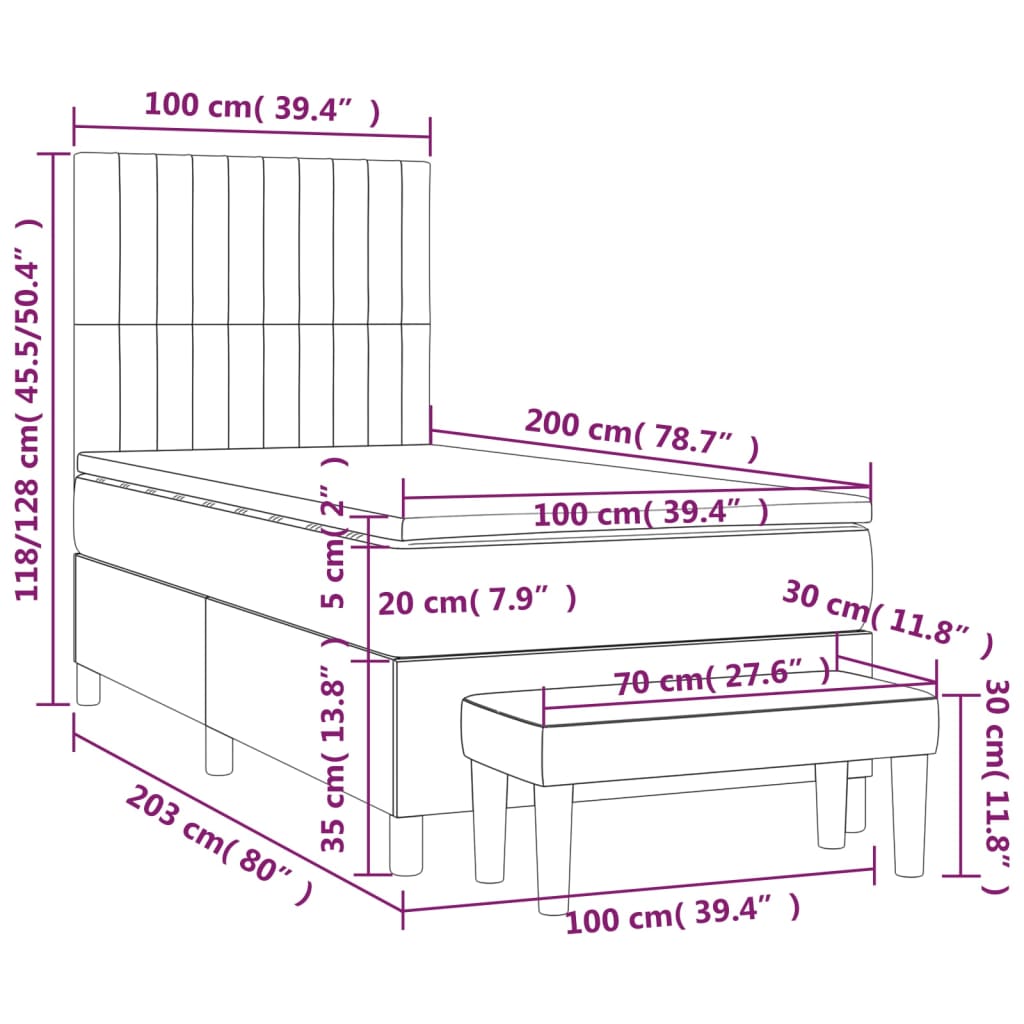 vidaXL atsperu gultas rāmis ar matraci, melna audums, 100x200 cm