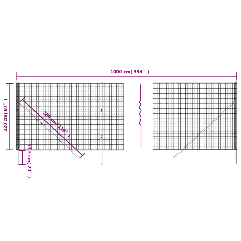 vidaXL stiepļu žogs, pelēks, 2,2x10 m, cinkots tērauds