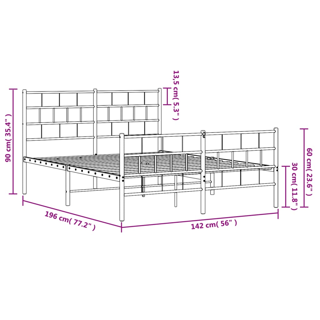 vidaXL gultas rāmis ar galvgali un kājgali, balts metāls, 135x290 cm