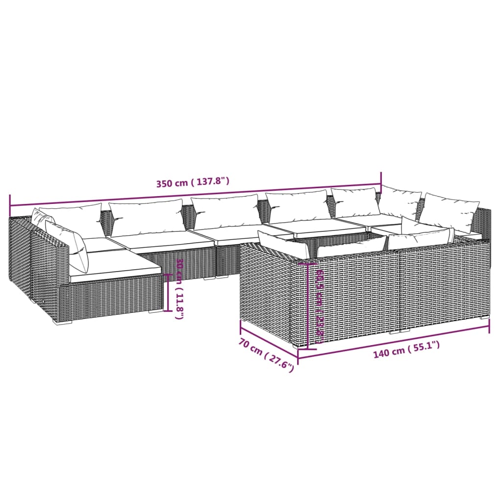 vidaXL 9-daļīgs dārza atpūtas mēbeļu komplekts, melna PE rotangpalma