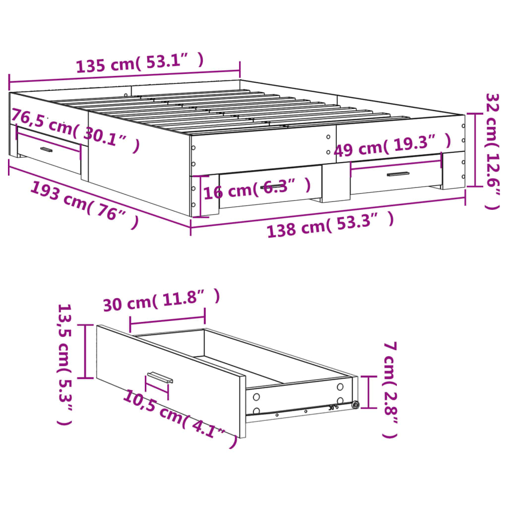 vidaXL gultas rāmis ar atvilktnēm, melns, 135x190cm, inženierijas koks