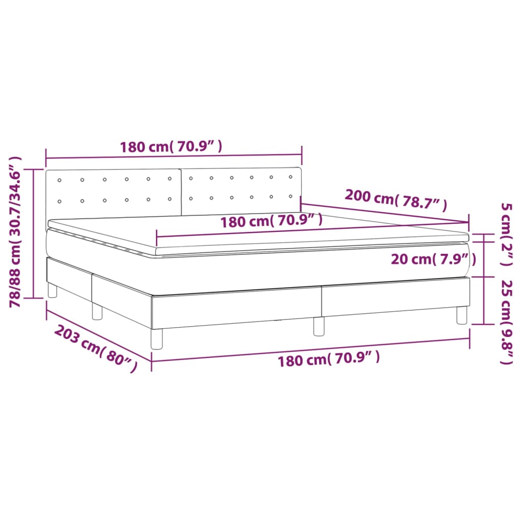 vidaXL atsperu gulta ar matraci, LED, zils audums, 180x200 cm