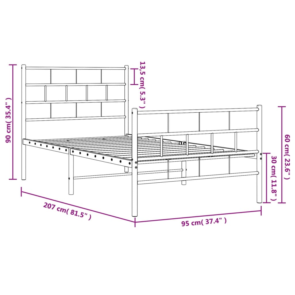 vidaXL gultas rāmis ar galvgali un kājgali, balts metāls, 90x200 cm