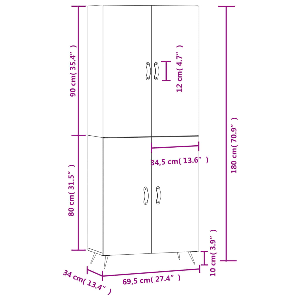 vidaXL augstais skapis, pelēks, 69,5x34x180 cm, inženierijas koks