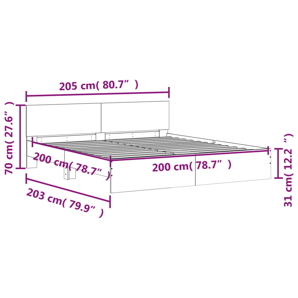 vidaXL gultas rāmis ar galvgali un LED, balts, 200x200 cm