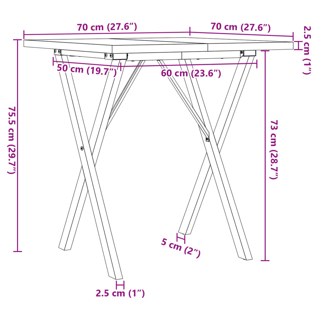 vidaXL virtuves galds, X-rāmis, 70x70x75,5 cm, priedes koks, čuguns