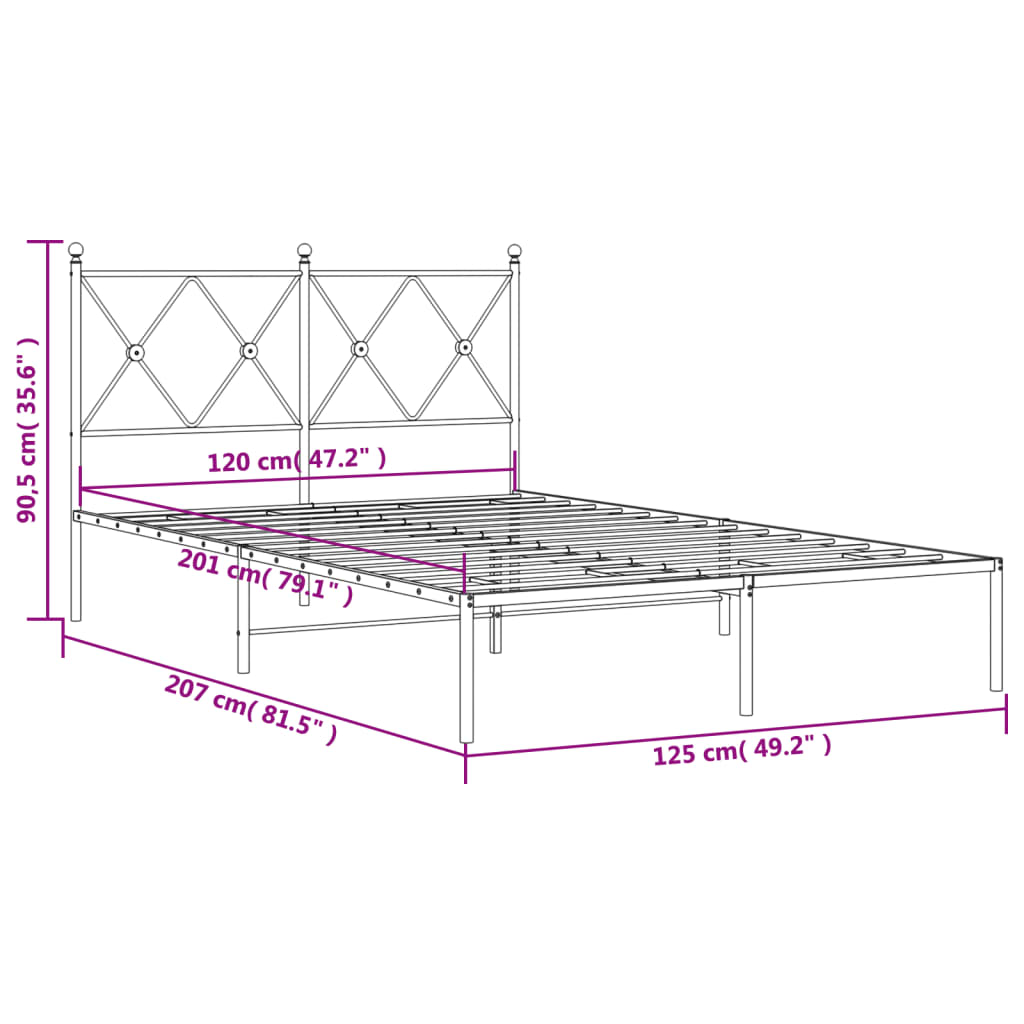 vidaXL gultas rāmis ar galvgali, melns metāls, 120x200 cm