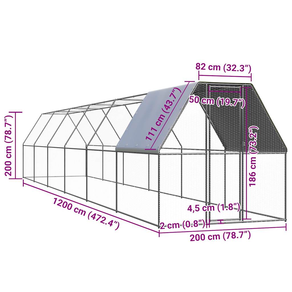 vidaXL vistu būris, 2x12x2 m, cinkots tērauds