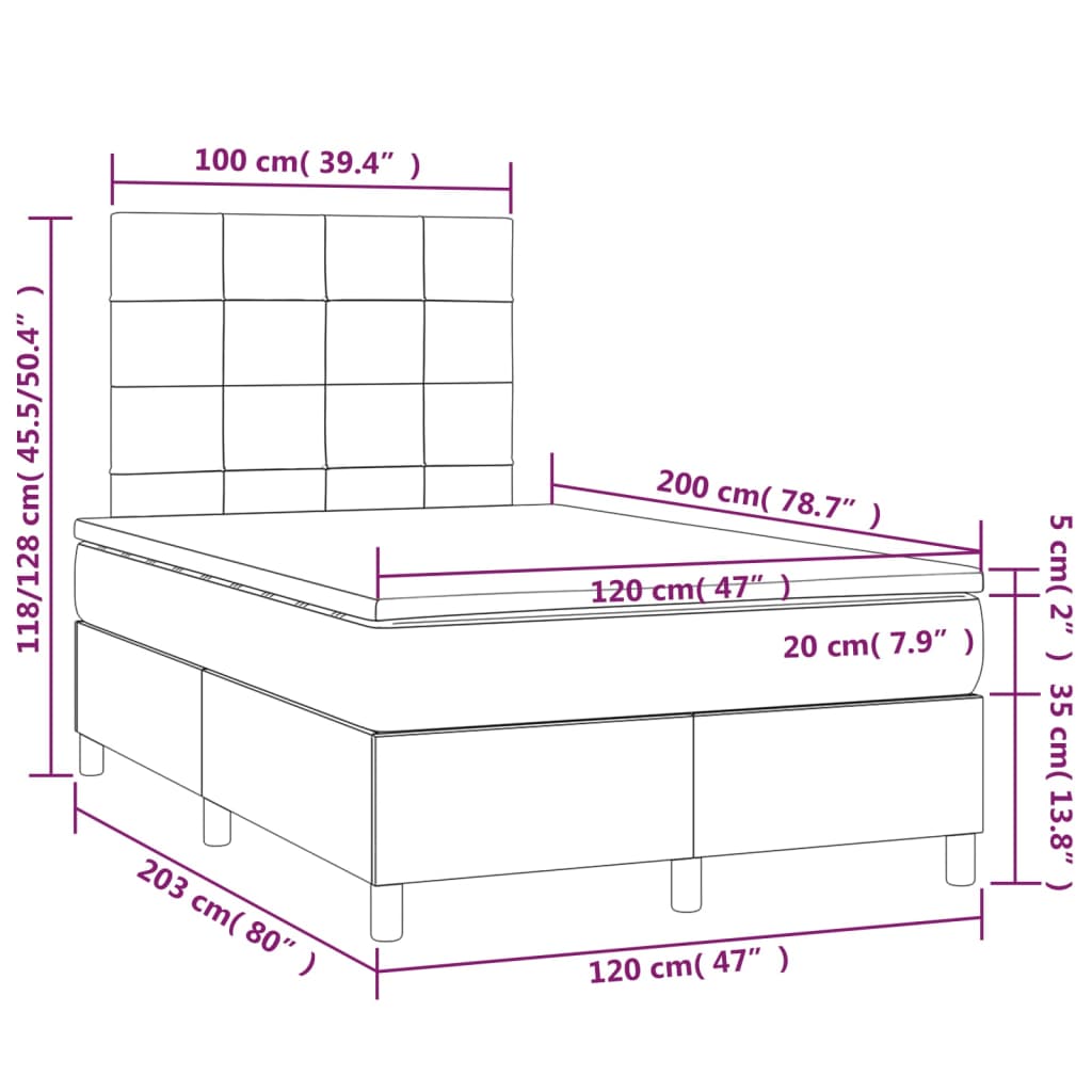 vidaXL atsperu gulta ar matraci, LED, rozā samts, 120x200 cm