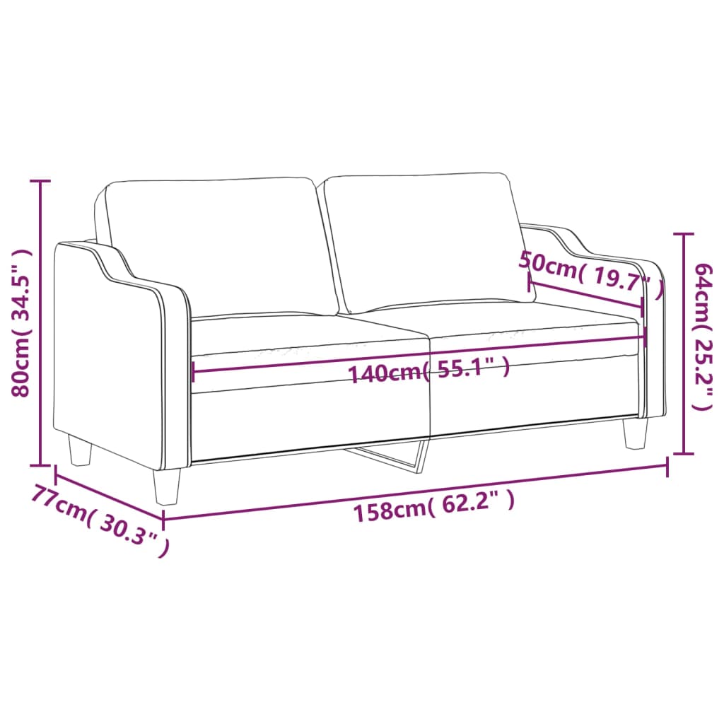 vidaXL divvietīgs dīvāns, vīnsarkans audums, 140 cm