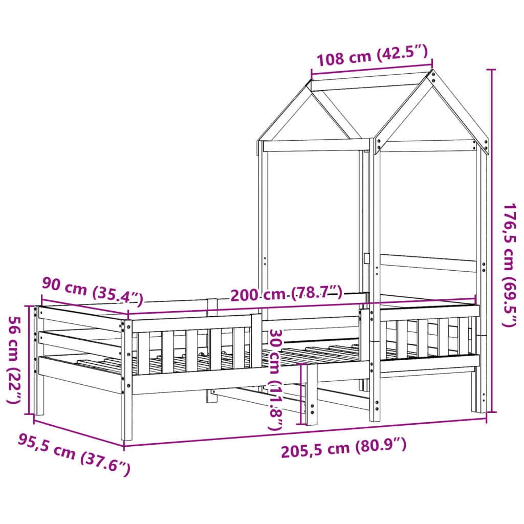 vidaXL gultas rāmis ar jumtu, 90x200 cm, priedes masīvkoks