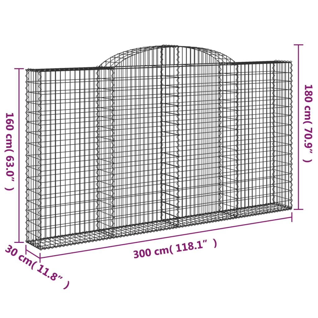 vidaXL arkveida gabiona grozi, 7 gb., 300x30x160/180cm, cinkota dzelzs