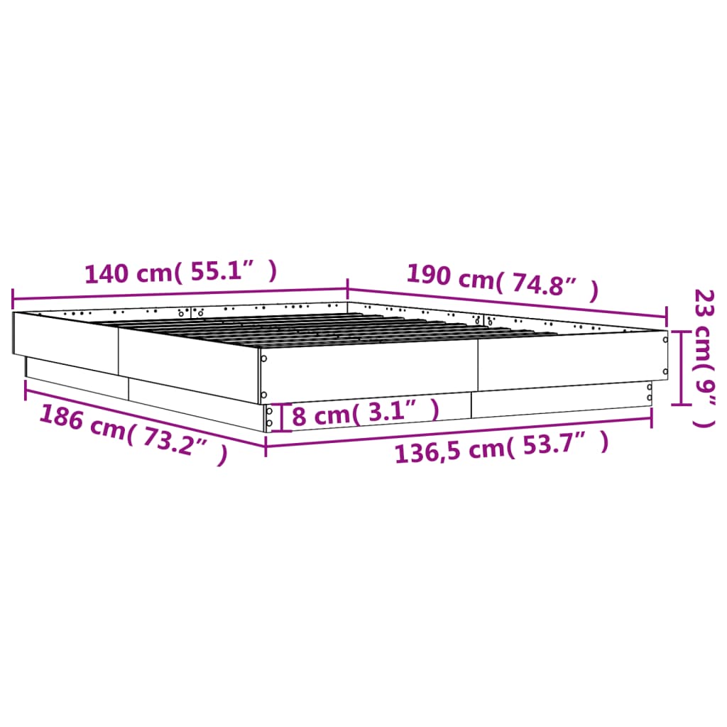 vidaXL gultas rāmis ar LED, pelēka ozola, 140x190 cm