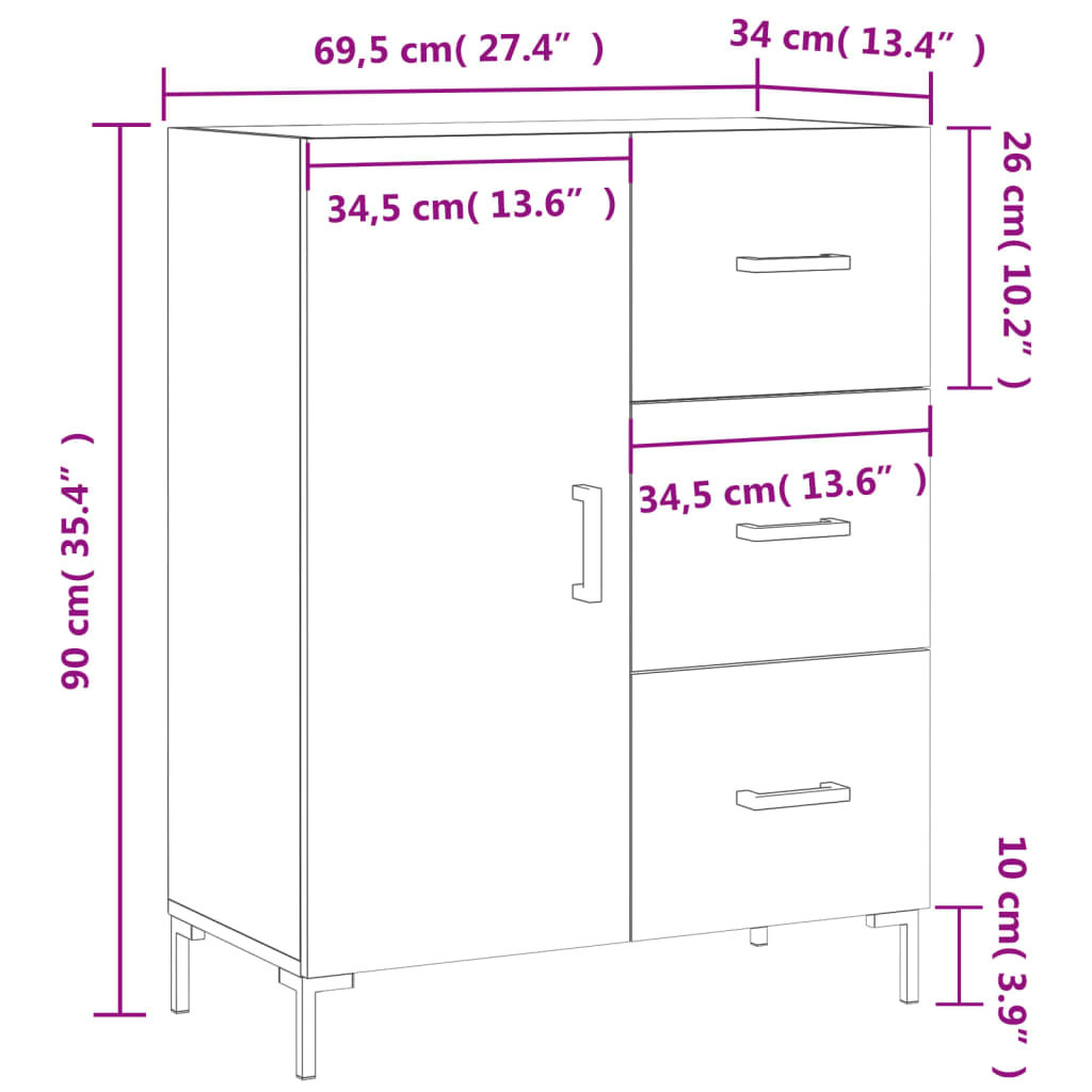 vidaXL kumode, melna, 69,5x34x90 cm, inženierijas koks