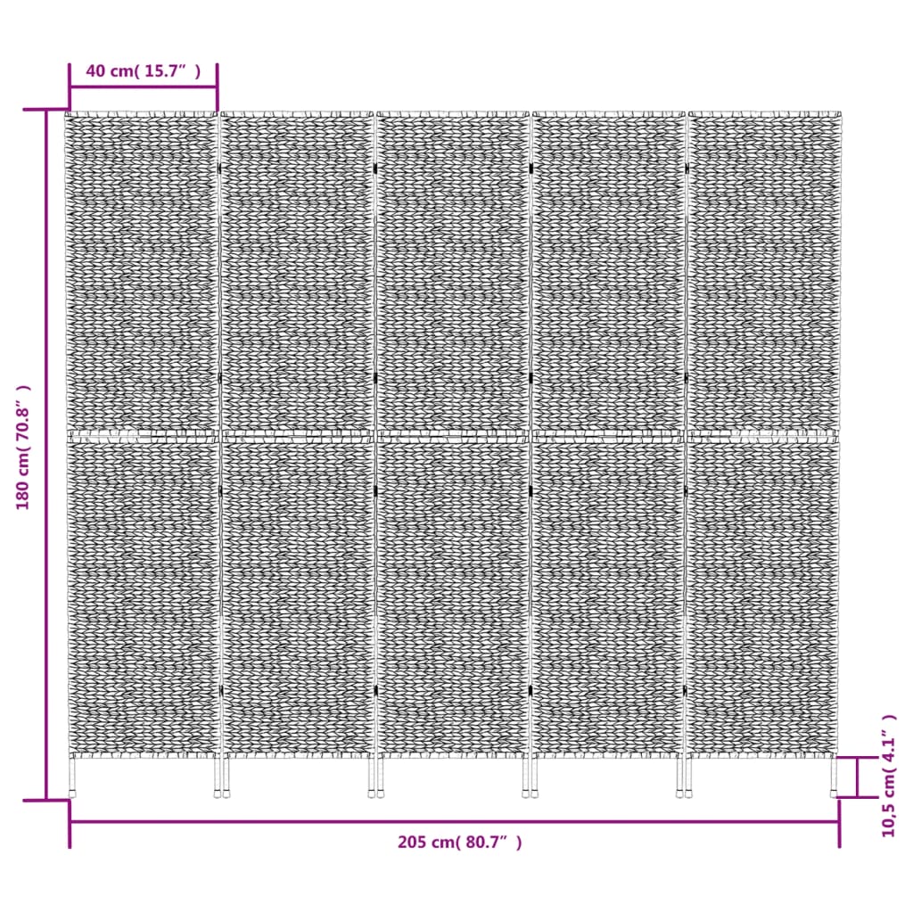 vidaXL istabas aizslietnis, 5 paneļi, 205x180cm, ūdens hiacinte, brūns