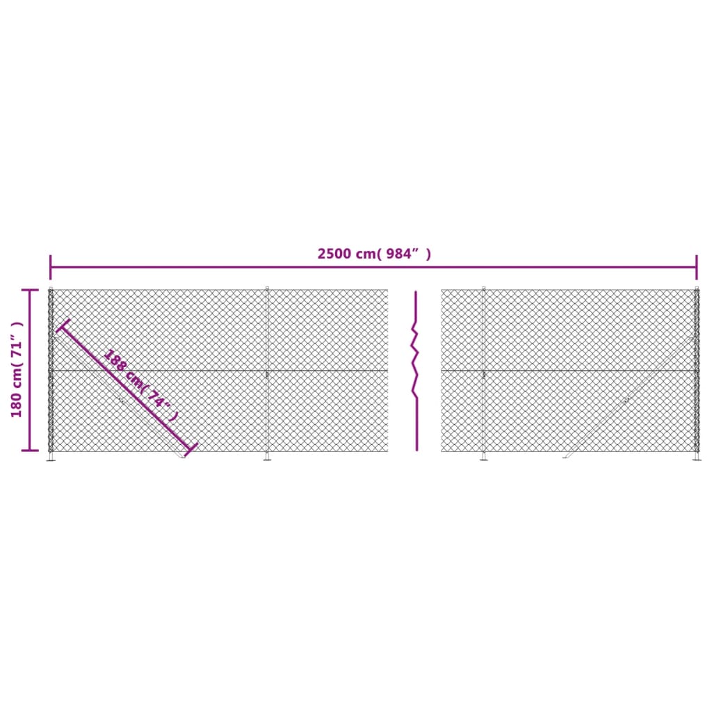 vidaXL stiepļu žogs ar atloku, 1,8x25 m, sudrabains