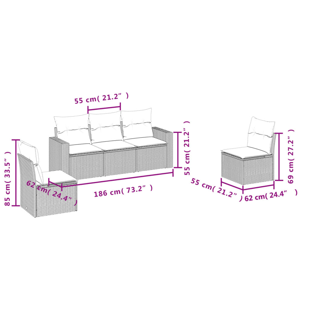 vidaXL 5-daļīgs dārza dīvānu komplekts, matrači, brūna PE rotangpalma