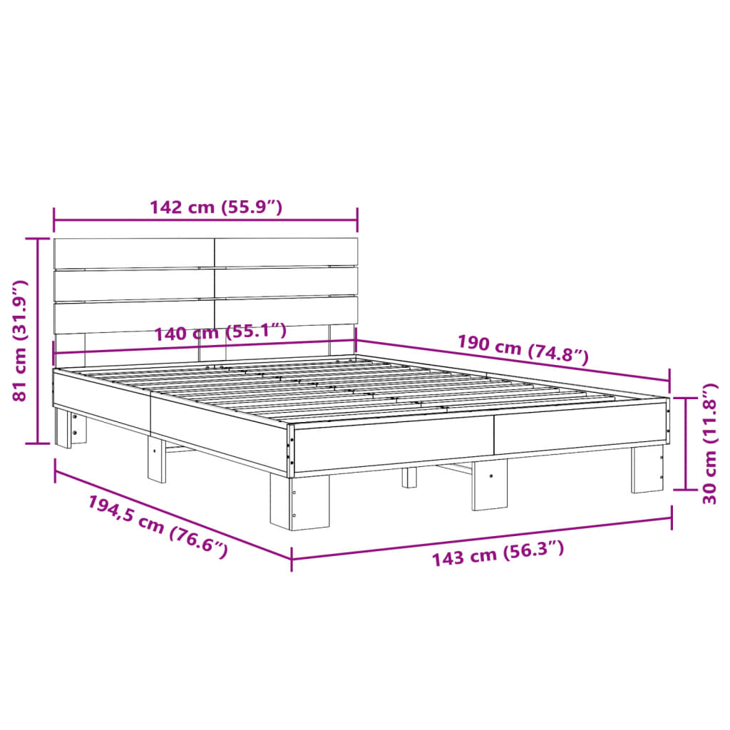 vidaXL gultas rāmis, pelēka ozola,140x190cm, inženierijas koks, metāls