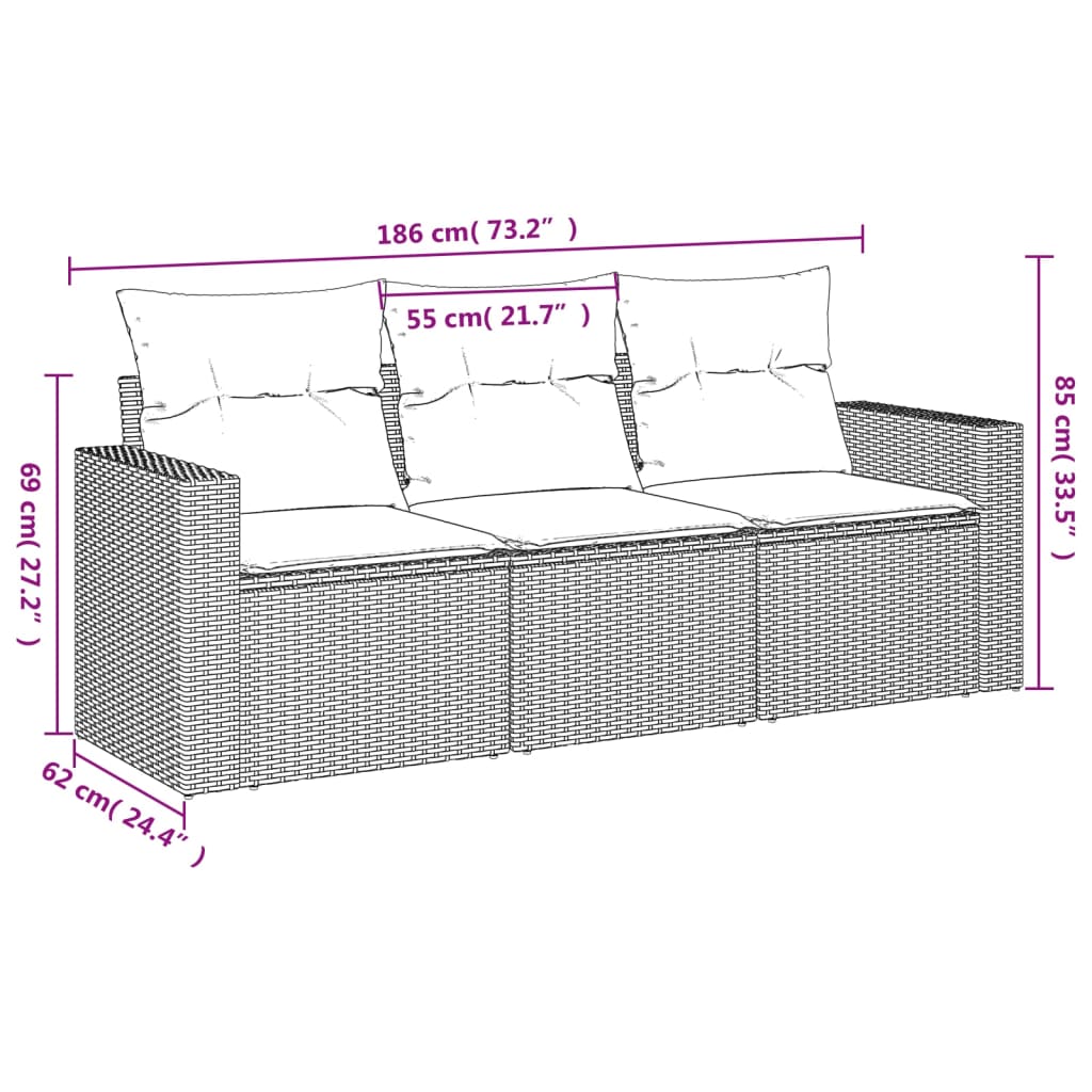 vidaXL 3-daļīgs dārza dīvānu komplekts, matrači, brūna PE rotangpalma