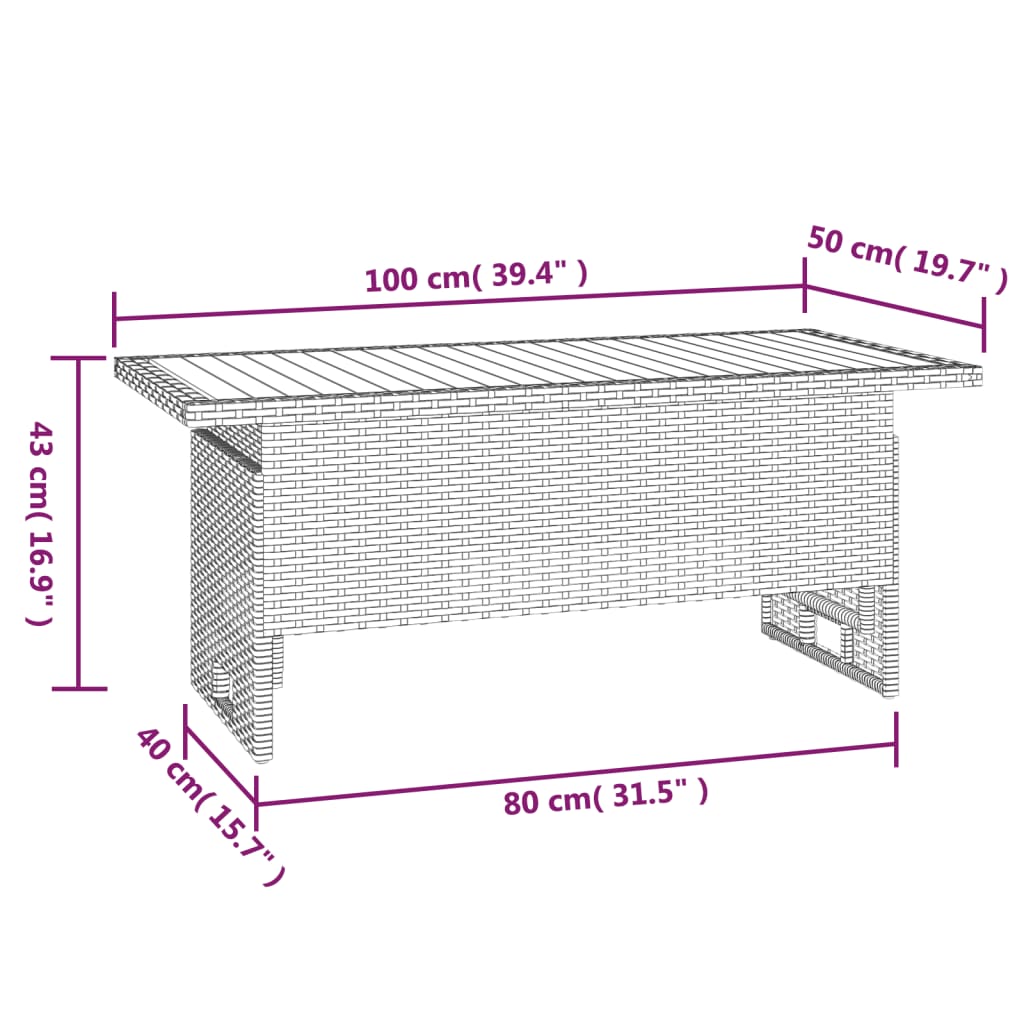 vidaXL dārza galds, 100x50x43/63cm, akācija, PE rotangpalma, melns