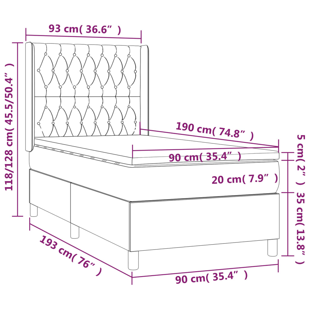 vidaXL atsperu gulta ar matraci, LED, krēmkrāsas audums, 90x190 cm