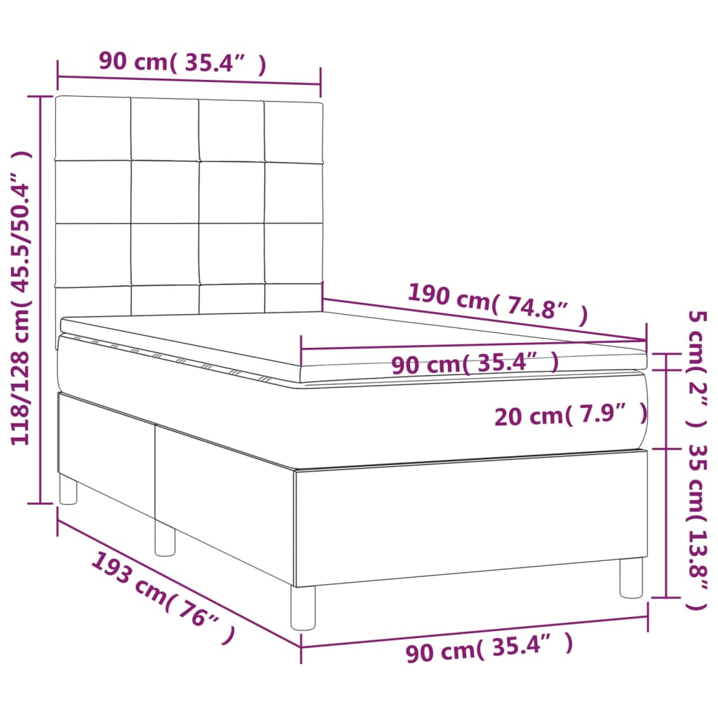 vidaXL atsperu gulta ar matraci, LED, tumši pelēks audums, 90x190 cm