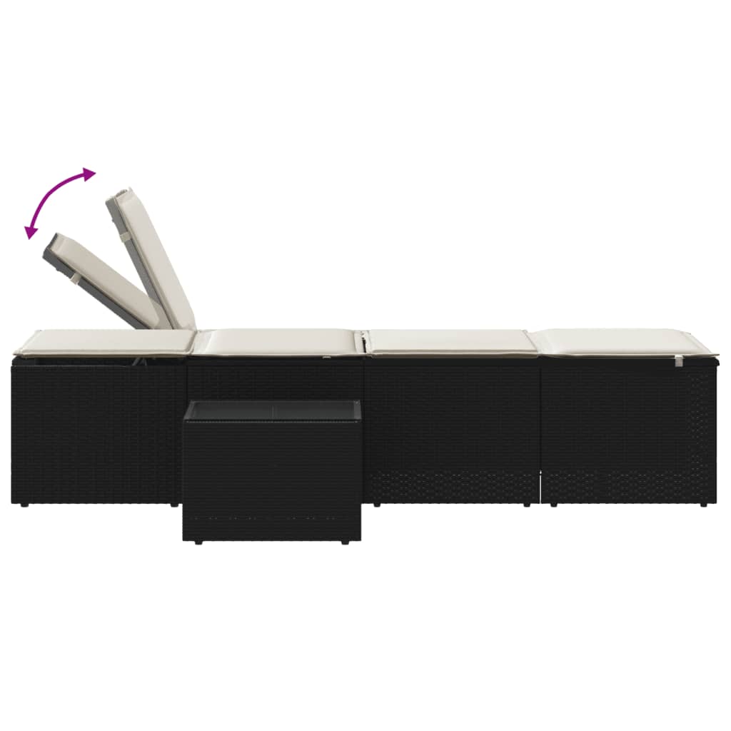 vidaXL sauļošanās zviļņi, 2 gab., ar galdiņu, melna PE rotangpalma