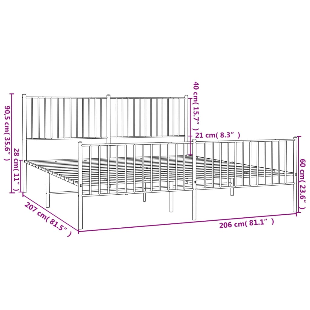 vidaXL gultas rāmis ar galvgali un kājgali, melns metāls, 200x200 cm