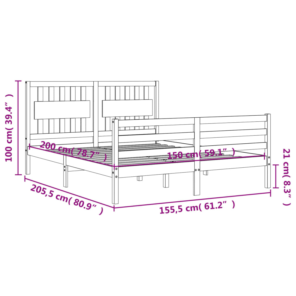 vidaXL gultas rāmis ar galvgali, King size izmērs, masīvkoks, balts