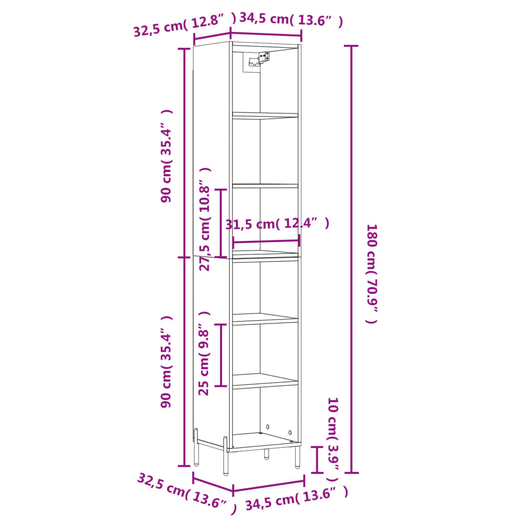 vidaXL augstais plaukts, balts, 34,5x32,5x180 cm, inženierijas koks