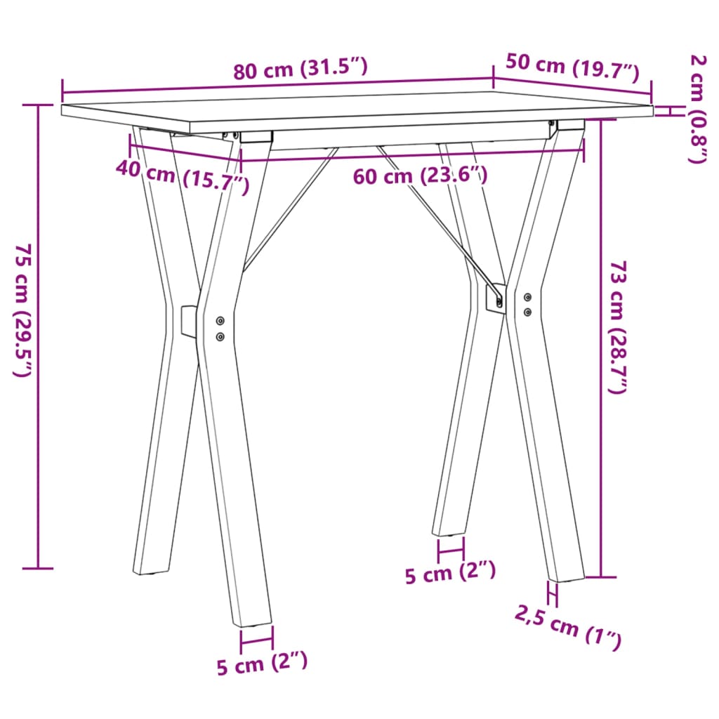 vidaXL virtuves galds, Y-rāmis, 80x50x75 cm, priedes koks, čuguns