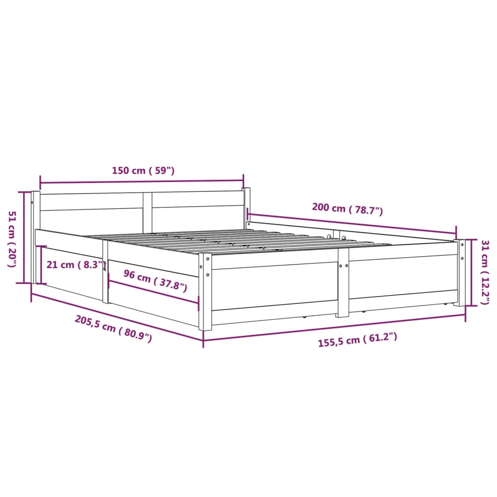 vidaXL gultas rāmis ar atvilktnēm, balts, 150x200 cm, divvietīgs