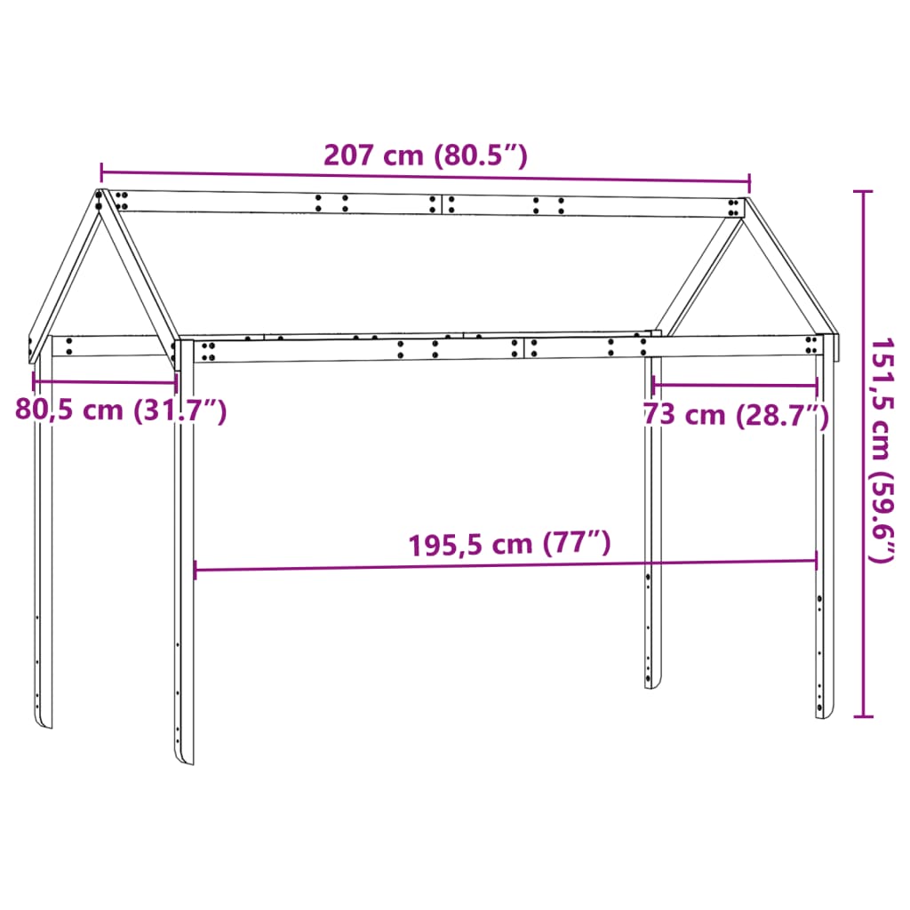 vidaXL bērnu gultas jumts, balts, 207x80,5x151,5 cm, priedes masīvkoks