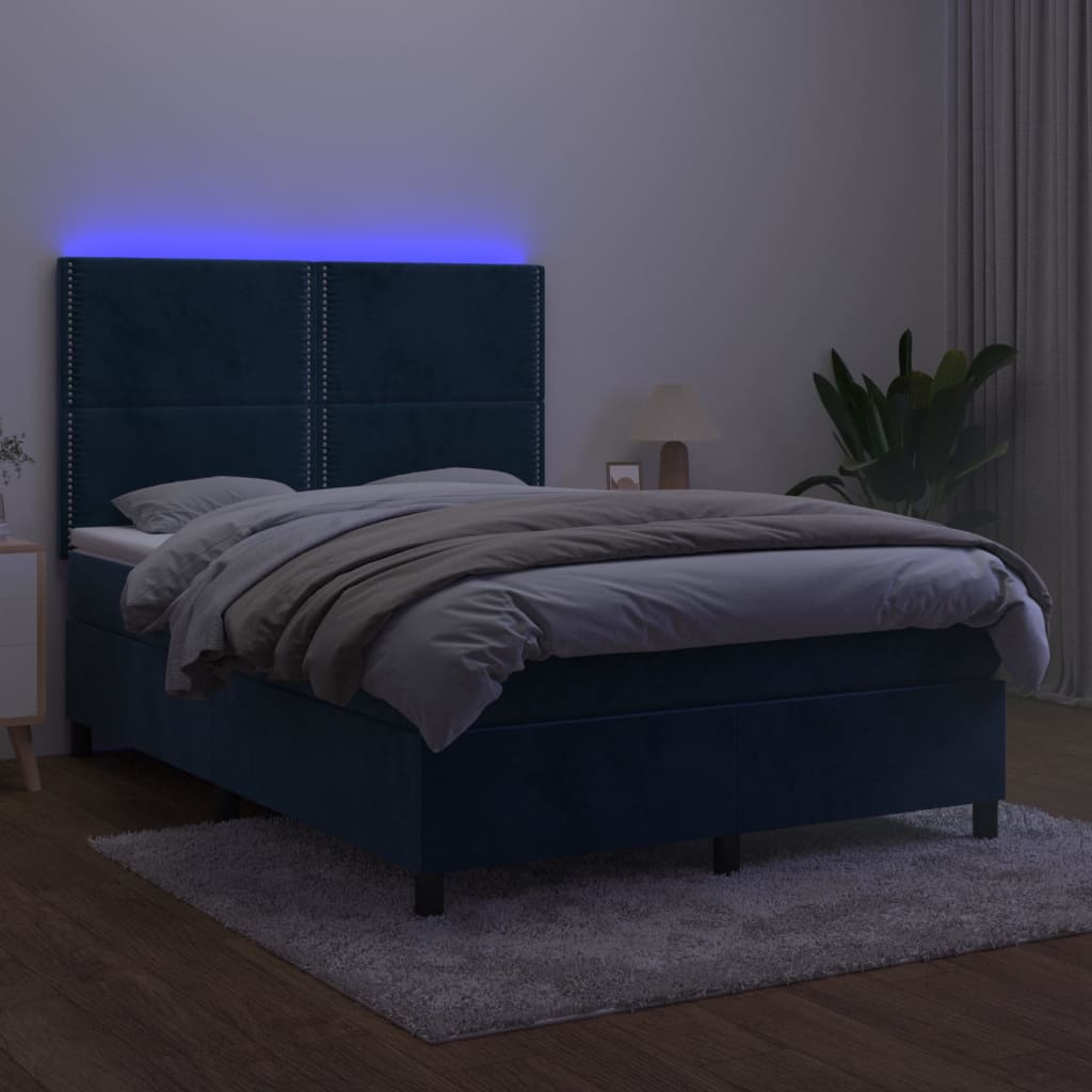 vidaXL atsperu gulta ar matraci, LED, tumši zils samts, 140x190 cm