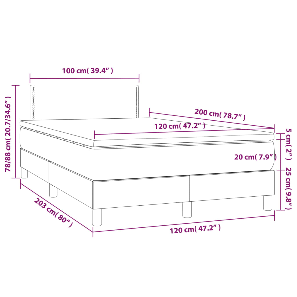 vidaXL atsperu gulta ar matraci, LED, rozā samts, 120x200 cm