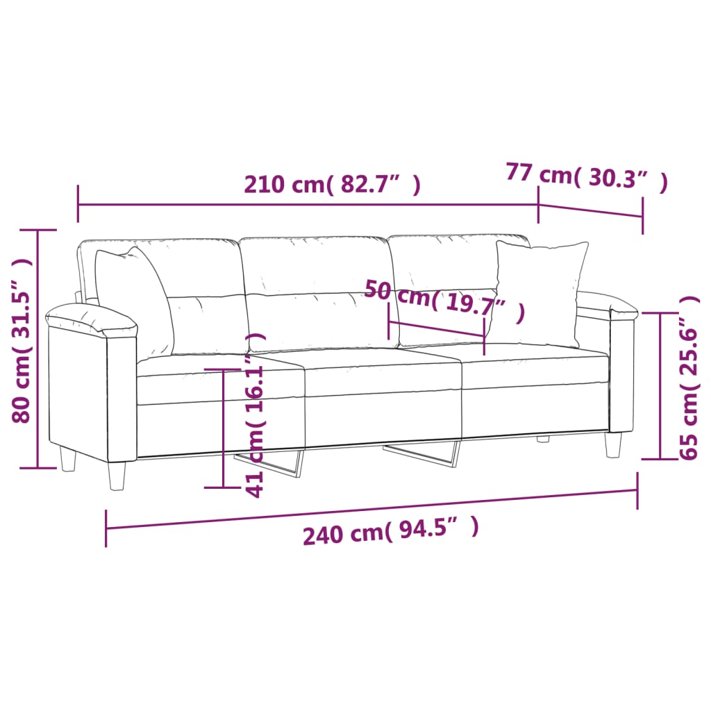 vidaXL trīsvietīgs dīvāns ar spilveniem, tumši pelēks, 210 cm, audums