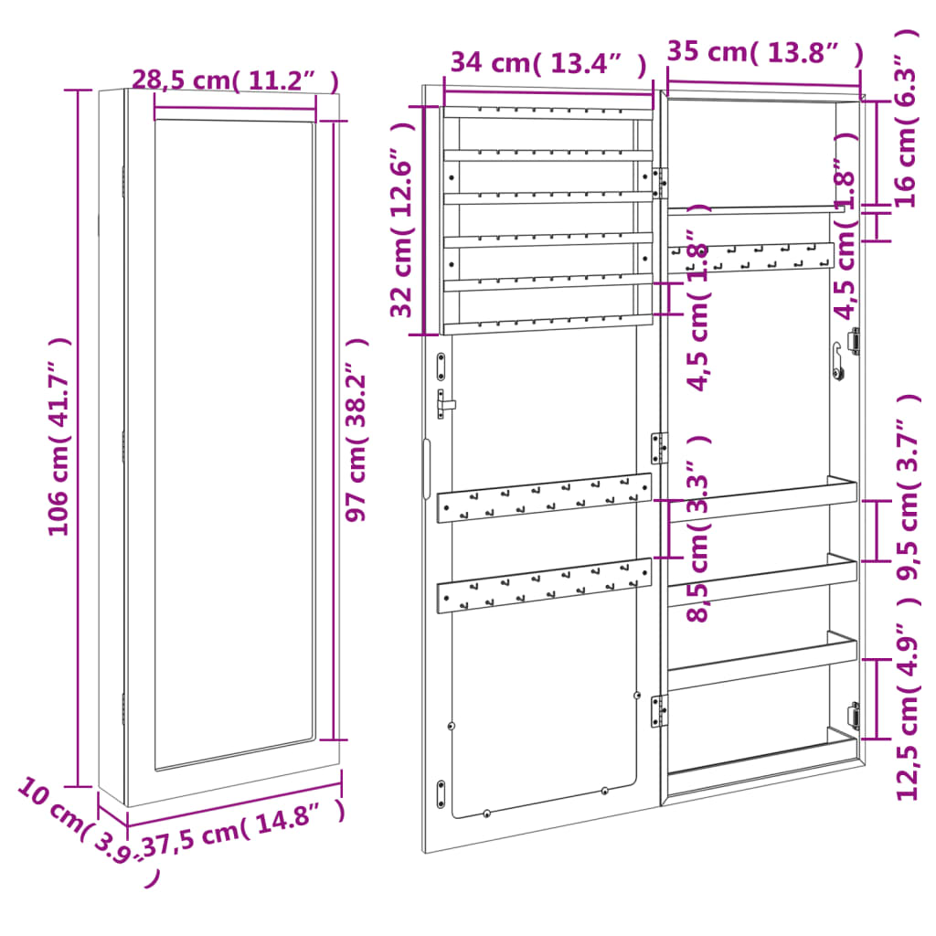 vidaXL sienas rotaslietu skapītis ar spoguli, 37,5x10x106 cm