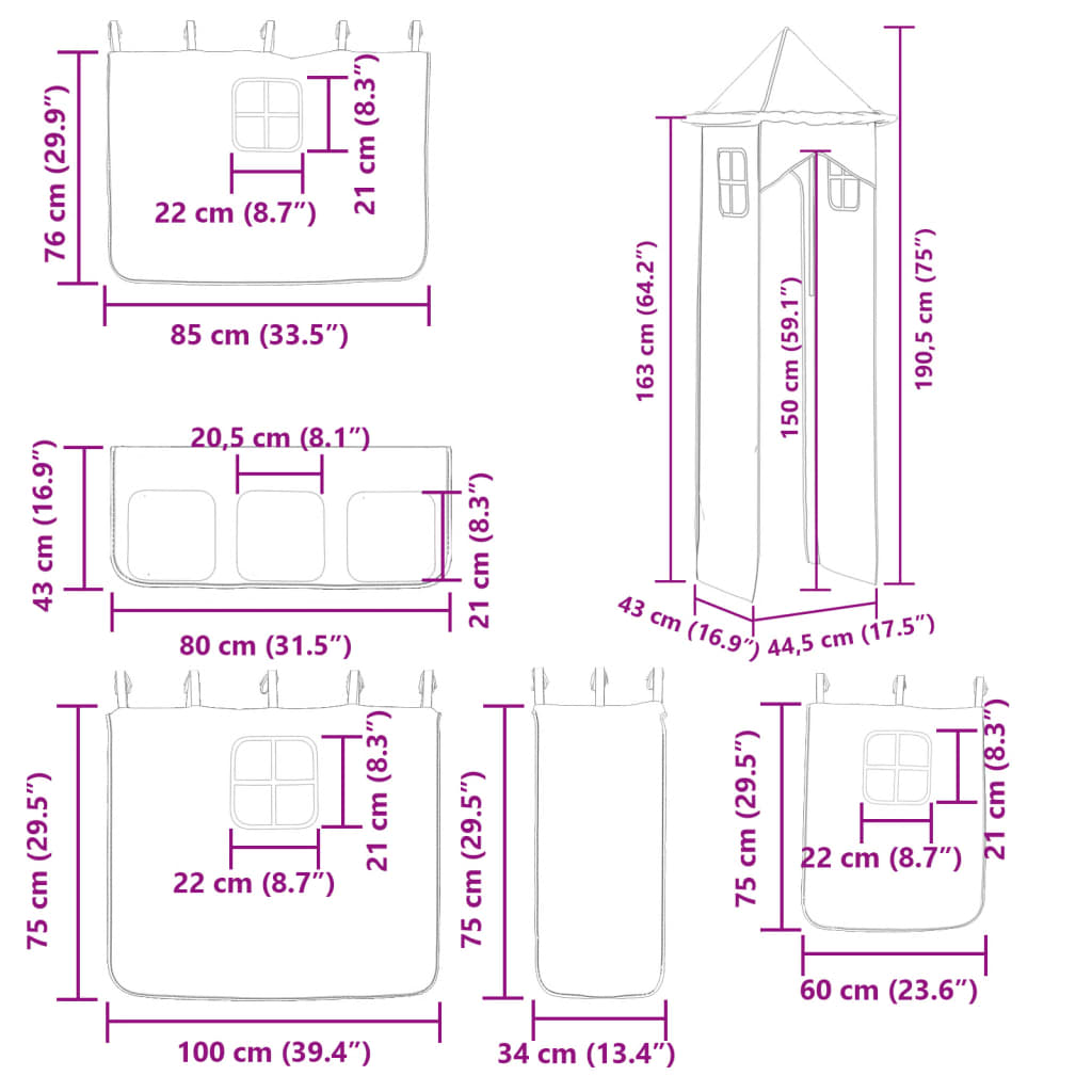 vidaXL augstā gulta ar aizkariem un slidkalniņu, rozā, 90x200 cm