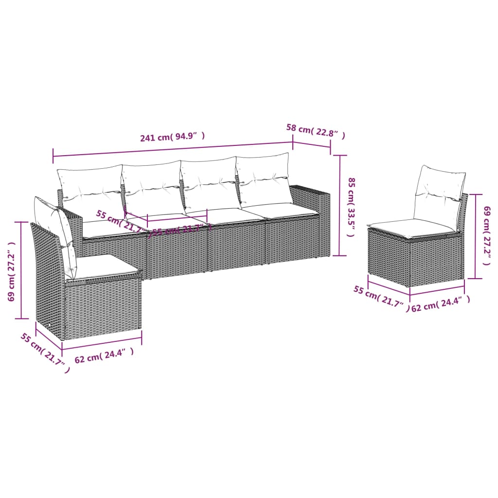 vidaXL 6-daļīgs dārza dīvāna komplekts, matrači, bēša PE rotangpalma
