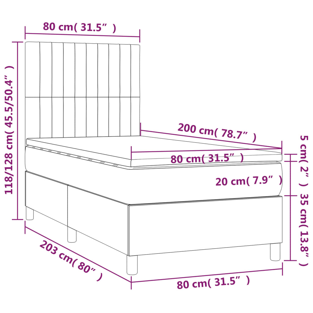 vidaXL atsperu gulta ar matraci, LED, melns audums, 80x200 cm