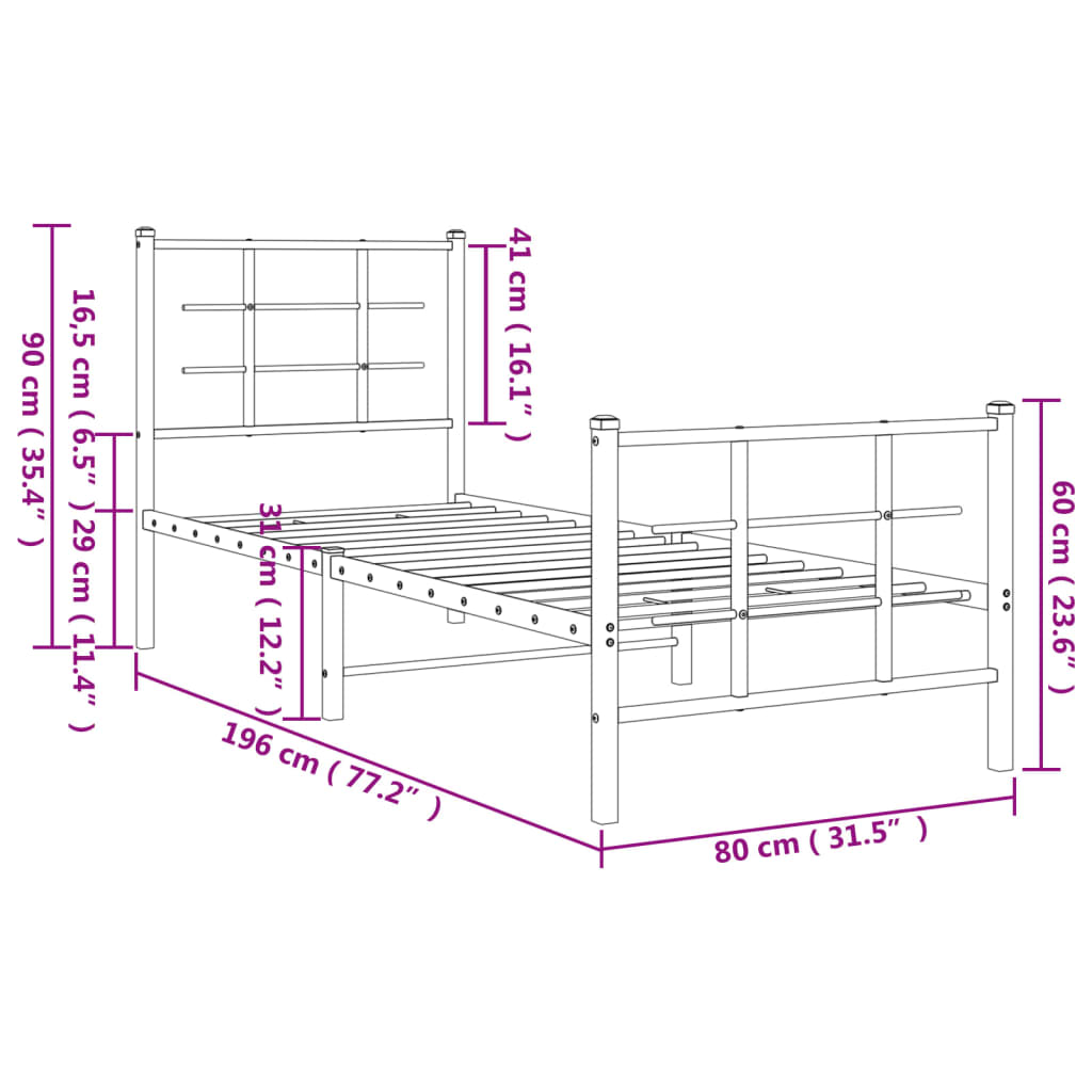 vidaXL gultas rāmis ar galvgali un kājgali, melns metāls, 75x190 cm