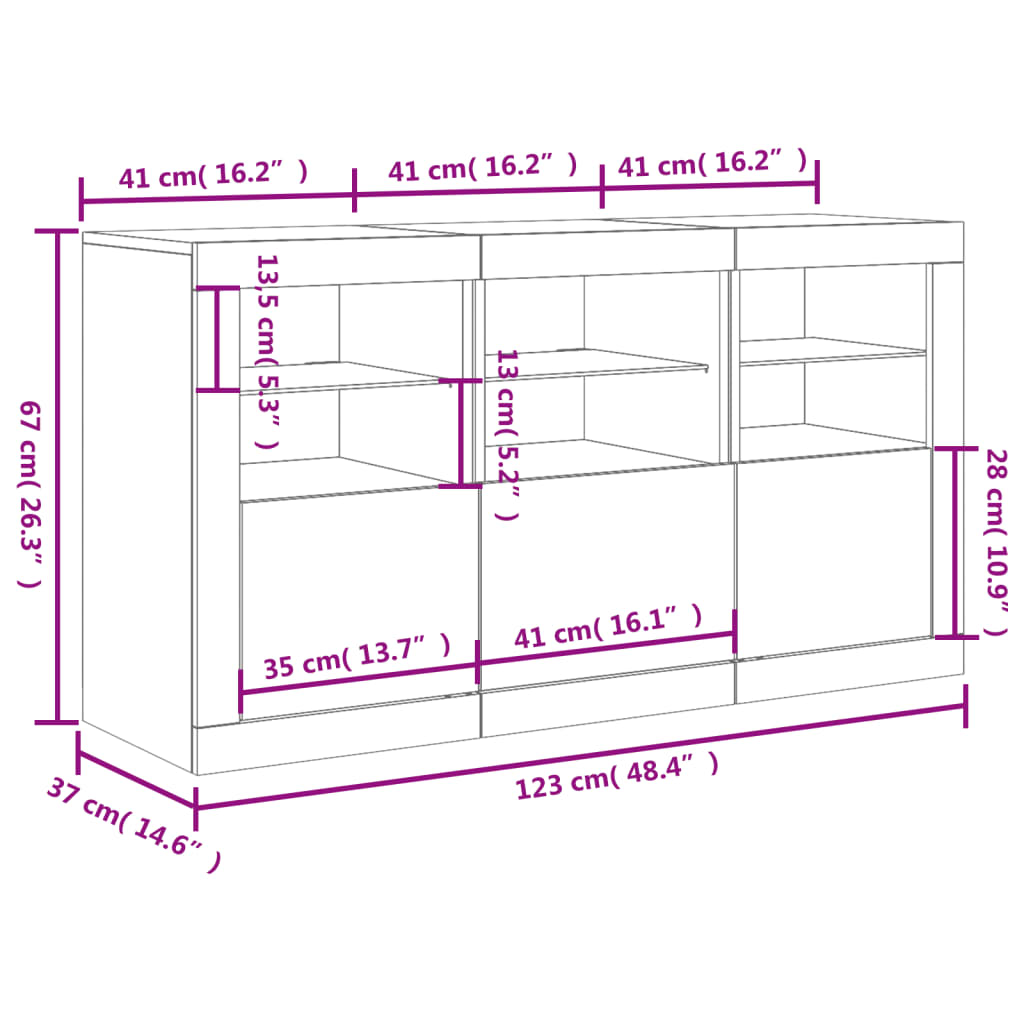 vidaXL kumode ar LED lampiņām, ozolkoka krāsa, 123x37x67 cm