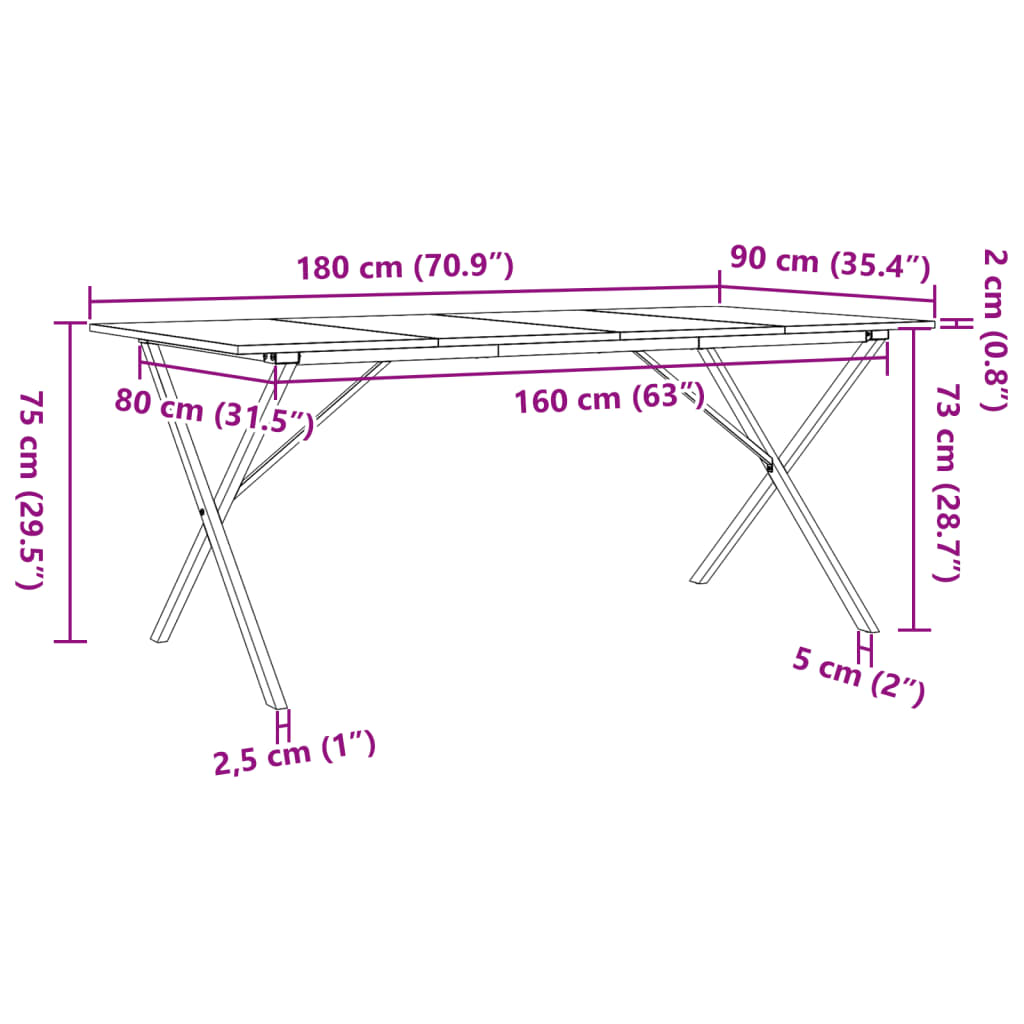 vidaXL virtuves galds, X-rāmis, 180x90x75 cm, priedes koks, čuguns