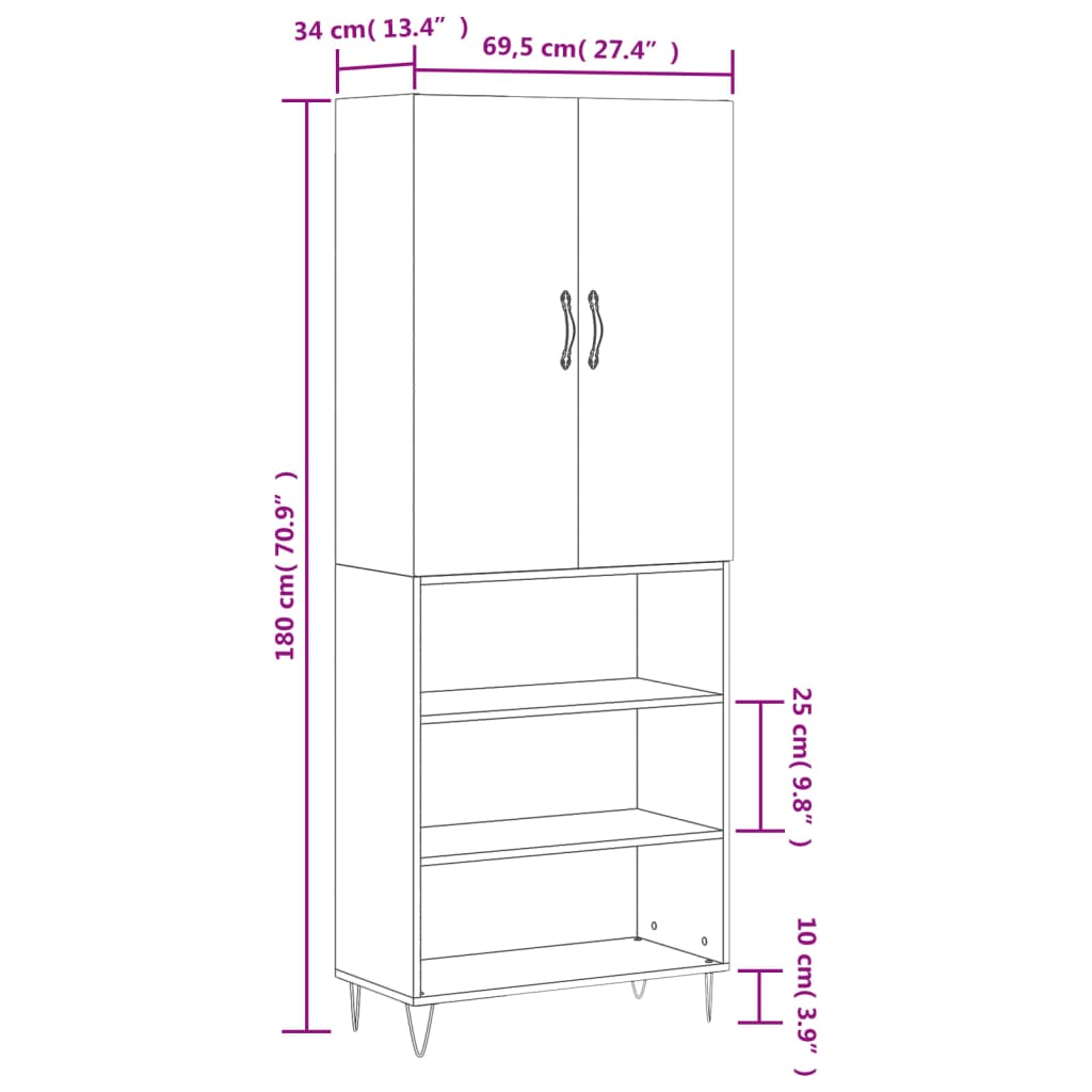 vidaXL augstais skapis, balts, 69,5x34x180 cm, inženierijas koks