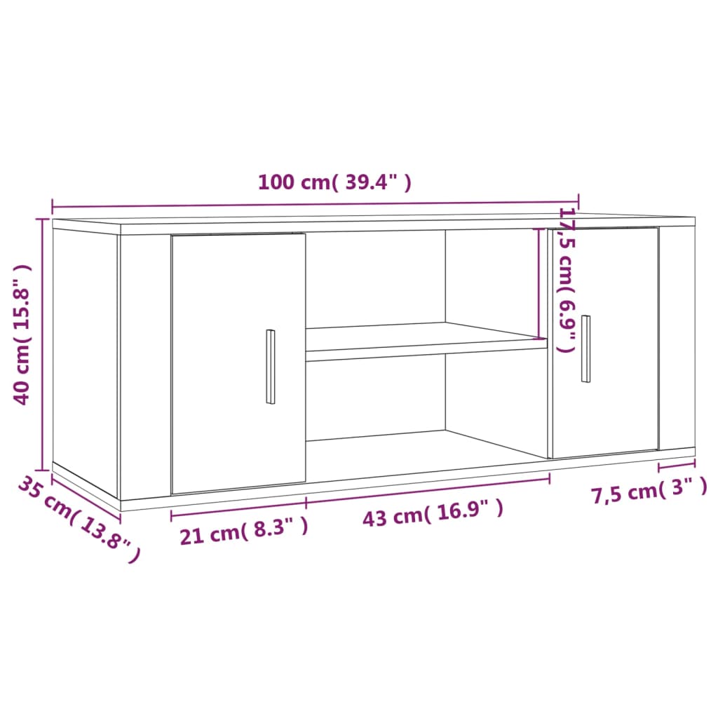 vidaXL TV skapītis, pelēka ozolkoka, 100x35x40 cm, inženierijas koks