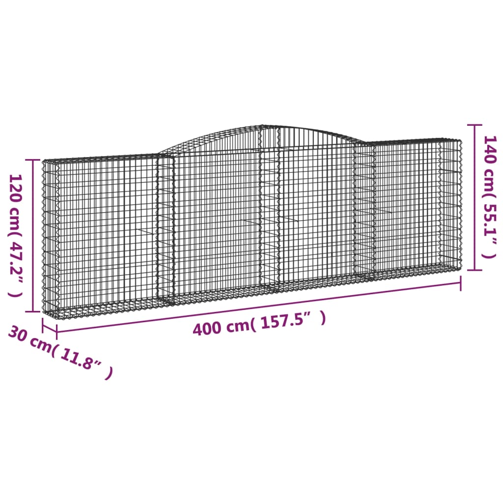 vidaXL arkveida gabiona grozi, 4 gb., 400x30x120/140cm, cinkota dzelzs