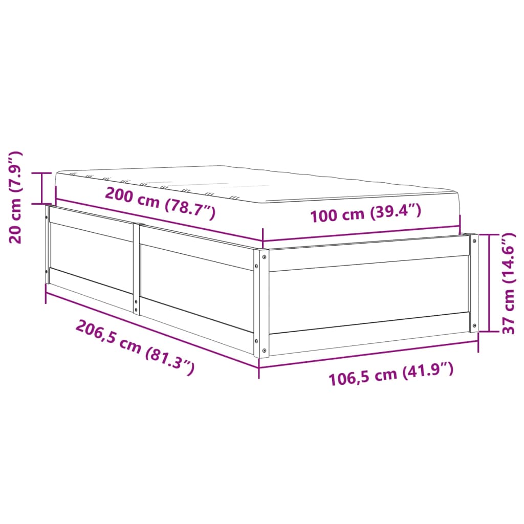 vidaXL gulta ar matraci, 100x200 cm, priedes koks